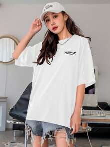 Women's Oversized Printed T-Shirt - Cheerful Paradise Phrase - Loose, Casual, Stylish, Modern, And Cool Blouse - 白色 - 查看 6