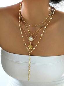 一套时尚欧美复古Y型长款仿珍珠花朵吊坠项链套装，金属项链和毛衣链，女士款
