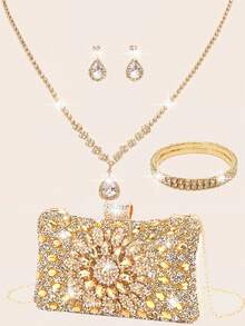 Women's Rhinestone Jewelry Set, Shiny Necklace Earrings Bracelet Set, Evening Clutch, Bridal Wedding Shiny Sunflower Crystal Glass Diamond Decor Wallet, Women's Ball Gown Bag With Detachable Metal Chain, Suitable For Wedding And Party Shoulder Bag, Women's Clutch, Women's Evening Handbag, Multifunctional Shiny Tote Bag, New Cocktail Wedding Wallet Party Bag