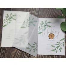 50 Pack Eucalyptus Gre1enery Printed Pre-Folded Vellum Jackets For 5x7 Invitations - 115GSM Vellum Paper 5x7 Jackets - Vellum Wedding Invitations Wraps - Transparent Wedding Invitations Jacket - 綠色桉樹圖案2 - 查看 1