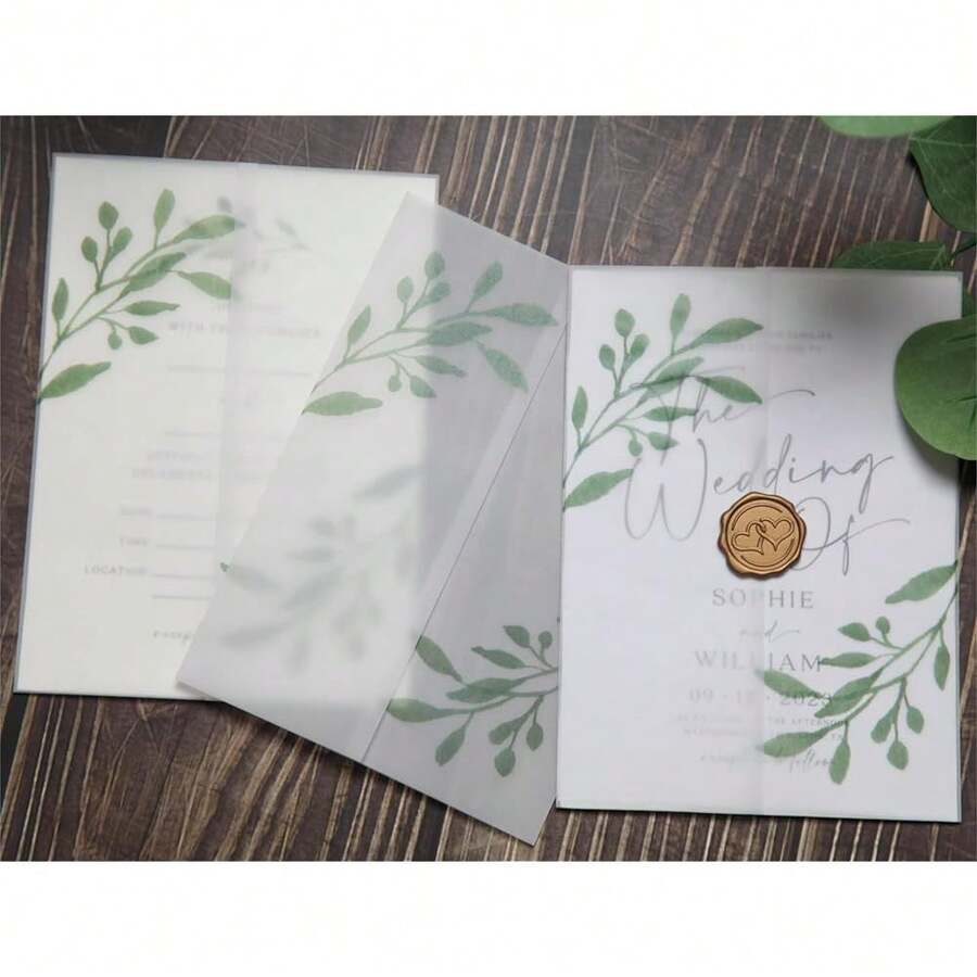 50 Pack Eucalyptus Gre1enery Printed Pre-Folded Vellum Jackets For 5x7 Invitations - 115GSM Vellum Paper 5x7 Jackets - Vellum Wedding Invitations Wraps - Transparent Wedding Invitations Jacket - 綠色桉樹圖案2 - 查看 1