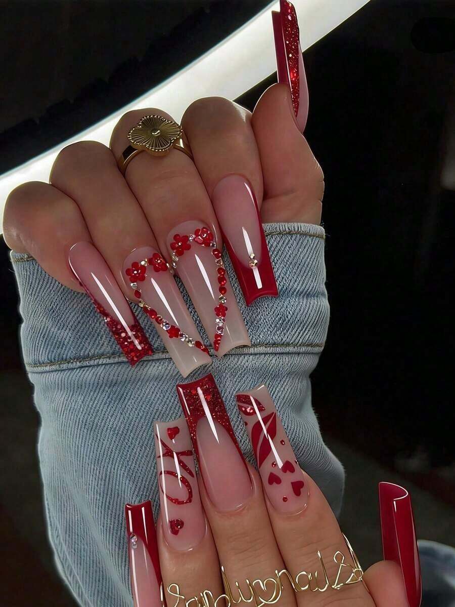 24pcs Valentines Acrylic Press On Nails French Tip Red Press On Nails Long Square Glitter With Lips Heart XXL/XXXL Decoration Flower Rhineston Design Fashion Y2K Style Surface Glossy Full Cover Fake Nails For Women And Girls Valentines Daily Dating Wear - 彩色 - 查看 1