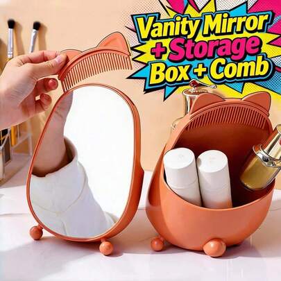 Back To School, Desk Organizer, Travel Makeup Case, Makeup Storage Drawers, Rotating Makeup Organizer, Cosmetic Storage Box With Mirror And Beauty Comb, Large Capacity, 3-In-1 Vanity Mirror Set - Your All-In-One Beauty Organizer With Hidden Comb & Storage