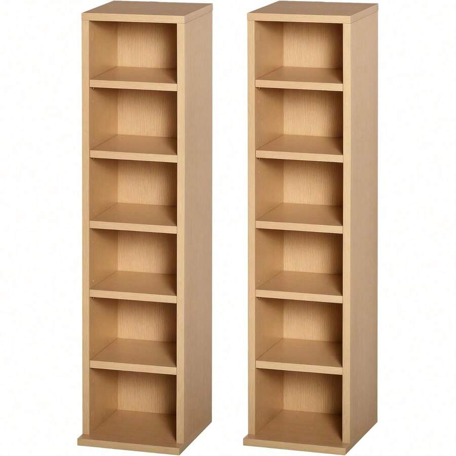 204 CD Media Display Shelf Unit Set Of 2 Blu-Ray Tower Rack W/Adjustable Shelves Bookcase Storage Organiser, Natural Wood Colour - Natural Wood - View 1
