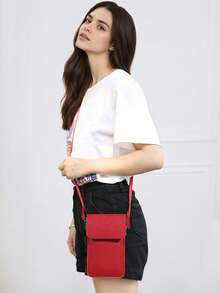 Women's Chic Cell Phone Crossbody Purse - Solid Color Mini Shoulder Bag With Adjustable Strap, Transparent Window & Card Slots For Shopping & Daily Use - Red - View 6
