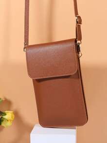 Women's Chic Cell Phone Crossbody Purse - Solid Color Mini Shoulder Bag With Adjustable Strap, Transparent Window & Card Slots For Shopping & Daily Use - Brown - View 3