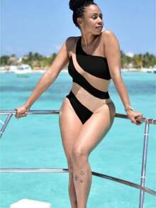 Women One Piece Bikini Irregular Stripe Color Block Sexy Perspective Swimsuit Bathing Summer Clothes - Black - View 1