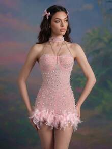 Glamorous Sexy Sheer Elastic Fitted Sparkling Rhinestone Feather Carnival Party Clubwear Romper - Pink - View 5