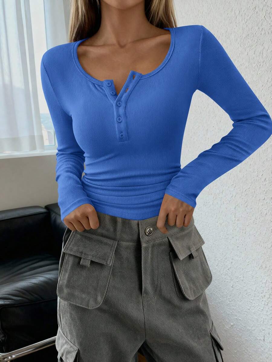 Women's Spring Fall Long Sleeve Henley T Shirts Button Ribbed Knit Slim Fit Basic Tops Blouse Casual Outfits Valentine's Day Vacation Outfit Women - 寶藍色 - 查看 1