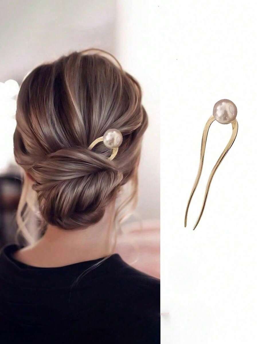 1pc Fashionable U-Shaped Faux Pearl Hair Clip, Minimalist Luxury Niche Hair Accessory Hair Bun Hair Pin Hair Bun Maker Bun Hair Piece Hair Styling Pins, School Stuff, Pearl Hair Accessories, Wedding Items - 金色 - 查看 1