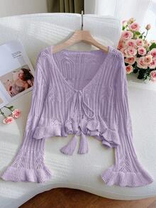 Women's Spring Summer Knit Drawstring Cardigan - Flared Sleeves Ruffled Fringe For Date Vacation ,Saint Patrick's Day, Easter - Purple - View 9