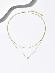 1pc Fashionable Double-Layer Hexagram Rhinestone & Pearl Stainless Steel Necklace, 18K Gold Plated Versatile Elegant Choker, Suitable Gift For Women, Valentine's Day, Mother's Day - Silver - View 5