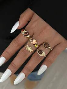 5pcs Vintage Elegant Bohemian Style Women's Irregular Geometric Ruffle Colorful Gemstone Retro Cat Eye Stone Teardrop Sunflower Heart Multi-Element Combination Metal Ring Set, Suitable For Women's Daily, Party, Wedding, Holiday, Valentine's Day, Date Wear, Gift - Gold 6 - View 5