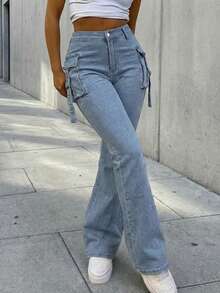 女士休闲浅蓝色喇叭牛仔裤，带拉链细节，中等弹力面料，长款设计，适合日常穿着。 - 藍色 - 查看 1
