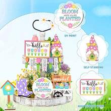 12Pcs Tiered Tray Decorations Set Spring Themed Wooden Table Sign Centerpiece For Desktop Shelf Home Supplies - 彩色 - 查看 3