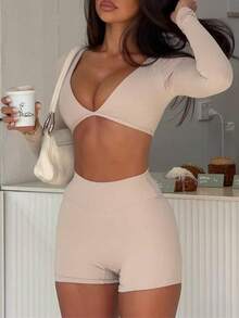 Women's New Minimalist Fitted Yoga Versatile Solid Deep V-Neck Long Sleeve Cropped Top And High Waist Shorts 2 Pieces Set Spring - Apricot - View 4