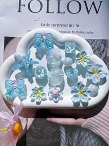 Bộ 15 phụ kiện trang trí giày DIY hình nơ xanh, sao biển, sóng biển, hoa, thích hợp cho giày làm vườn, dép xăng đan và các loại giày có thể tháo rời khác, quà tặng ngày lễ. - Màu xanh lam - Xem 5