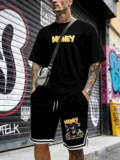 Men's Casual Bear Print Round Neck Short Sleeve Top And Shorts Set