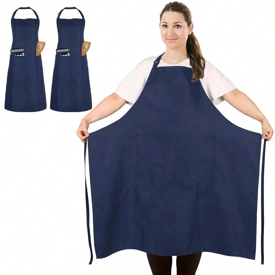 2 Pcs Plus Size Chef Apron, Unisex Professional Apron With 2 Pockets For CooFKing, Work, BaFKing (Larger Size) - NavyBlue - View 1