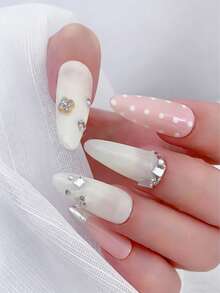 10 Stücke quadratische Nagel Juwelen, Valentinstag Y2K Nagel Schmuck - glänzend weiß & rosa Glitzer, geeignet für kurze Nägel, French Manicure & DIY Nagelkunst Nagel Strass - Verschiedenfarbig - Übersicht 2