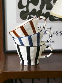 1pc Retro Striped Ceramic Mug, Breakfast Milk Oatmeal Cup, Home Water Cup, Office Coffee Cup, Afternoon Tea Latte Art Cup, Juice Beverage Cup, Couple Water Cup, Holiday Gift Cup, Gift For Family And Friends - Multicolor - View 9