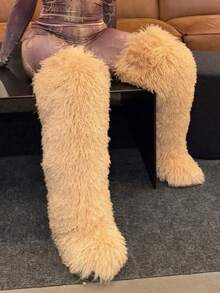 Women's Winter Knee High Boots Pull-On Faux Fur Round Toe Strap Boots For Women Comfy Plush Warm Outdoor Indoor Flat Shoes Punk Party Dressy Furry Fluffy Winter Autumn Fall Boots - 長款黃色1 - 查看 5