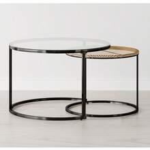 Et Of 2 Nesting Round End Side Coffee Tables With Glass And Rattan Top - Black - View 12