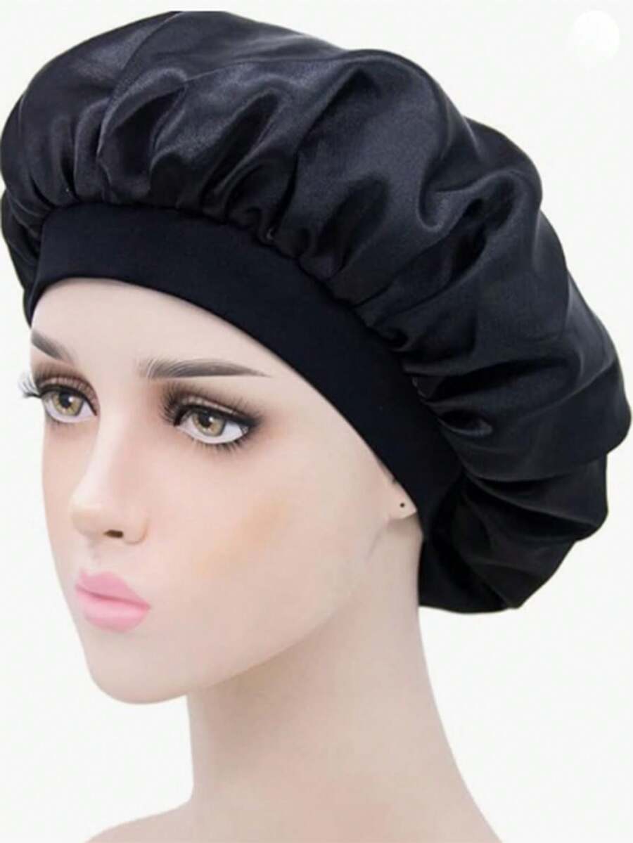 1pc Silk Sleep Cap Set - Satin Hair Bonnet, Suitable For Curly/Wavy Hair, With Soft Elastic Band (Black And Gold), Gentle Sleep Cap To Protect Hair And Control Frizz - Multicolor - View 1