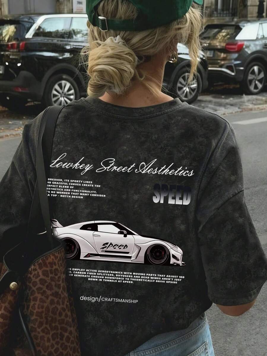 Women's Summer New Simple White Racing Car Cyberpunk Print Casual Round Neck Tie-Dye Short Sleeve T-Shirt, Fashionable And Versatile - Black - View 1