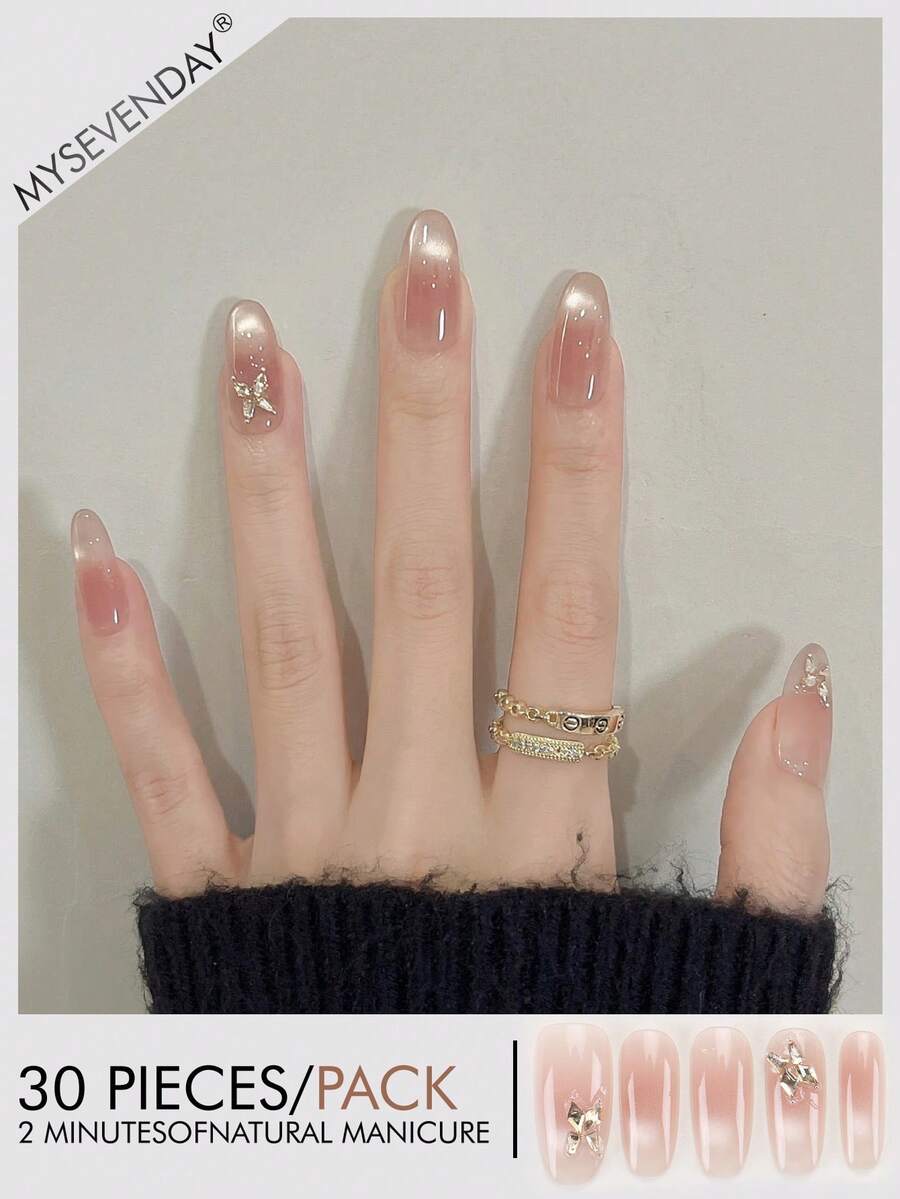 30片杏仁/渐变美甲贴纸,饰有蝴蝶水晶,包含果冻胶和粘合条,可重复使用,提升日常美甲造型,美甲用品 - 彩色 - 查看 1