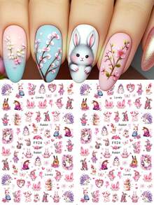 2片装3D卡通复活节兔子美甲贴纸，可爱复活节兔子和花朵自粘美甲贴纸，春季复活节童话美甲设计装饰 - 彩色 - 查看 1