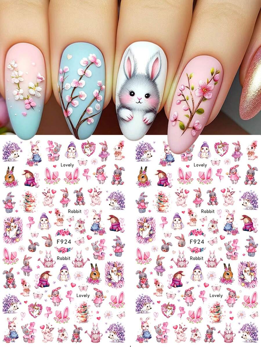 2片装3D卡通复活节兔子美甲贴纸，可爱复活节兔子和花朵自粘美甲贴纸，春季复活节童话美甲设计装饰 - 彩色 - 查看 1