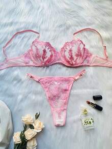 Women's Sexy Lingerie Set, Embroidered Mesh Bra, Thong Panty, Sheer Push-Up Bra, Plunging Bra, Romantic Ladies Bra - Baby Pink - View 1