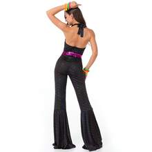 2pcs Set Couples 80s Retro Disco Performance Outfit, Women: Jumpsuit With Belt, Men: Top & Pants, Suitable For Music Festivals, Bars, Singers, Hippy Parties Halloween - Black - View 11