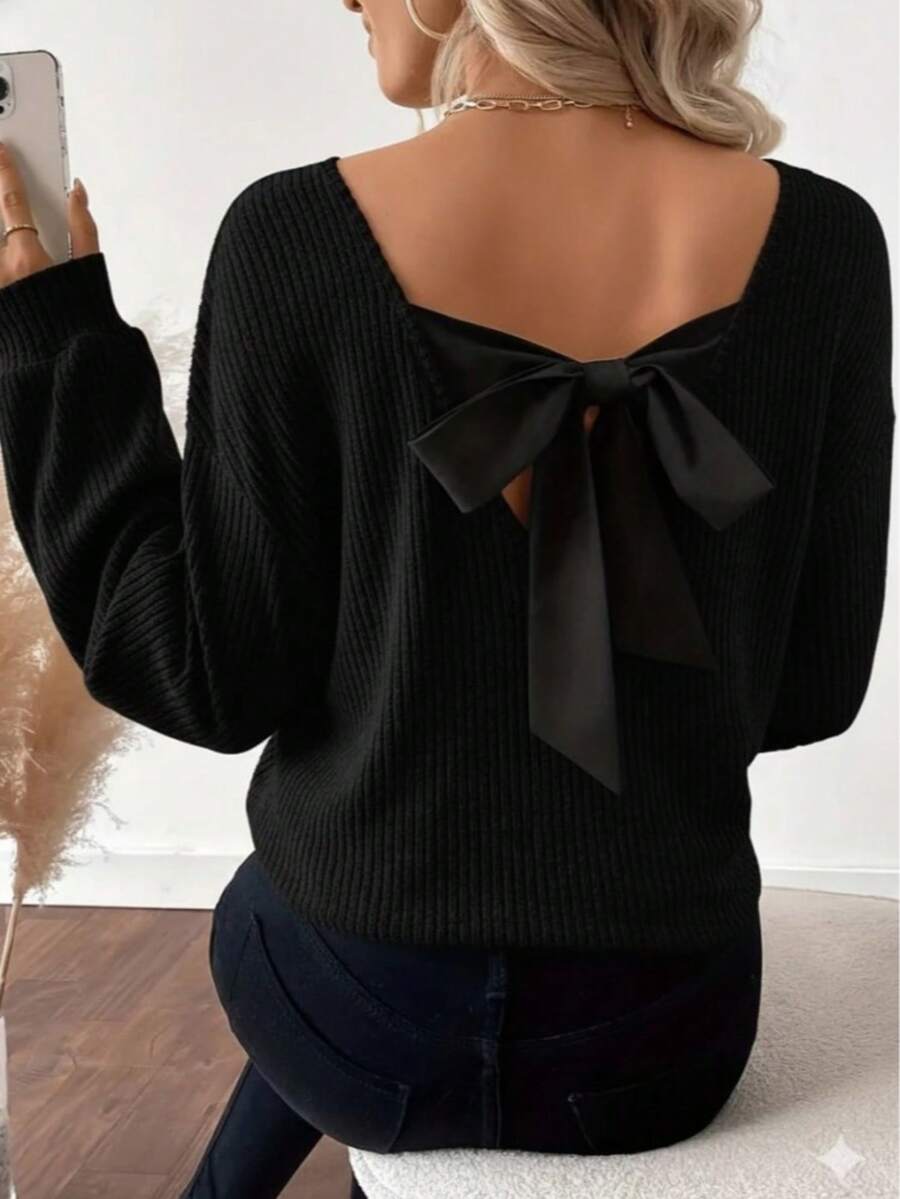 Woman Back Bow Detail Ribbed Knit Sweater – Casual Chic Fall/Winter Top - Black - View 1