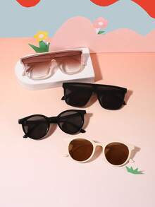 1set 4pcS Boys Girls 6-12Y Polycarbonate Square Round Frame Classic Elegant Simple Cool Retro Fashion Glasses, Outdoor Travel Holiday Party Outfit, With Glasses Box - Multicolor - View 2