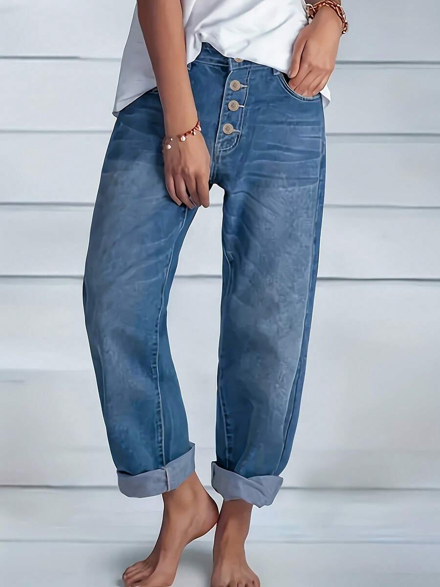 Plus Size Women's High Waist Jeans Button Fly Design High Waist Tummy Control Blue Straight Leg Jeans - 中等水洗藍 - 查看 1