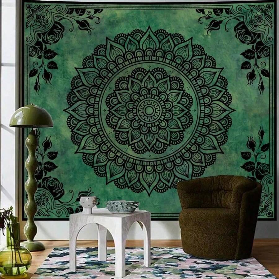 1件卧室美学：曼陀罗绿色挂毯，嬉皮复古花卉装饰挂毯，天花板花卉植物艺术背景挂毯，宿舍客厅。 - 彩色 - 查看 1