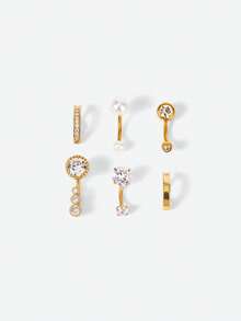 Opalesca 6 pièces Ensemble de piercings nombril courts en acier inoxydable classique avec zircone cubique incrustée brillante, bijoux de piercing de nombril mignon décoré de fausses perles pour femme pour un usage quotidien - Style court classique - Voir 1