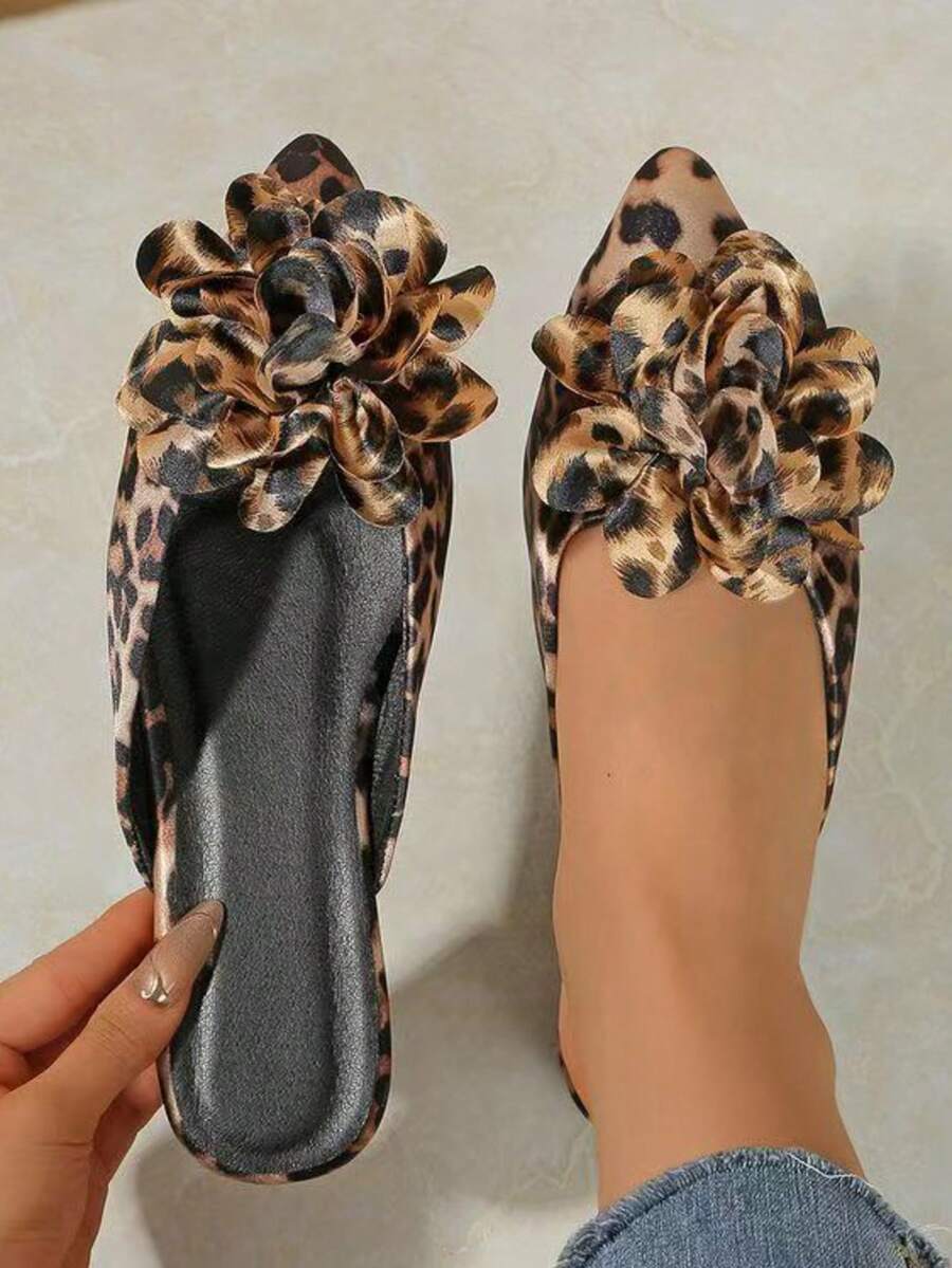 Sandalias de mujer tipo mule con punta puntiaguda, estampado de leopardo y lazo, versátiles para el verano - Marrón Mocha - Ver 1