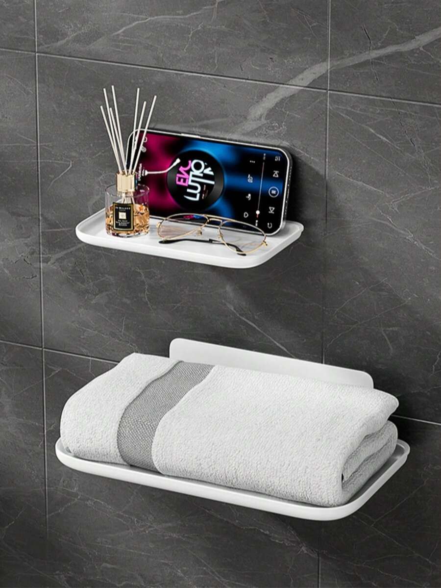 2件/1件可折叠收纳架，可用作卫生纸架、打火机/香烟架、免钻孔毛巾架、床头手机架、宿舍壁挂式收纳架、WiFi路由器架，节省空间，适用于家庭和宿舍浴室配件 - 白色 - 查看 1