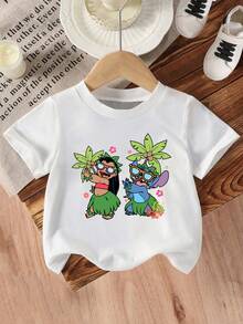 Disney Girls' T-Shirt, Featuring A Creative Stitch And Lilo Hula Dancing Cartoon Print. Summer Cotton Crew Neck Short-Sleeve Tee For Girls, Perfect For Everyday Wear, Vacations, Outdoor Activities, And As A Gift For Children. - White - View 2