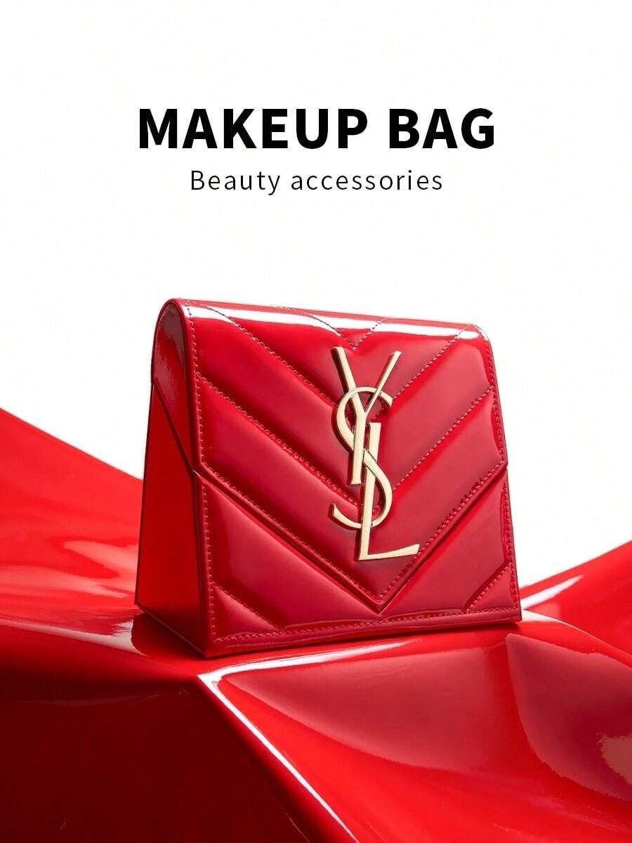 Yves Saint Laurent 1pc Red Patent Leather Makeup Bag, Can Be DIY Into Elegant Evening Handbag, Wedding Bag, Crossbody Bag, Suitable For Daily Use, Commuting, Wedding, Christmas And Other Occasions, Also An Ideal Fashion Item And Gift - Red - View 1