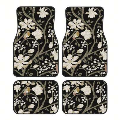 Set Of 4 Car Floor Mats Featuring A Floral Bird Design - Fashionable And Long-Lasting, Resistant To Stains, Slip-Proof, Easy To Clean, Suitable For All Vehicles, Including Front And Rear Seats, Providing Protection Against Dirt And Dust For Both Wom