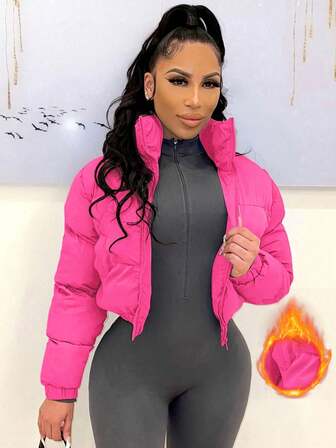 Women European & American Style Short Stand Collar Zipper Front Warm Jacket