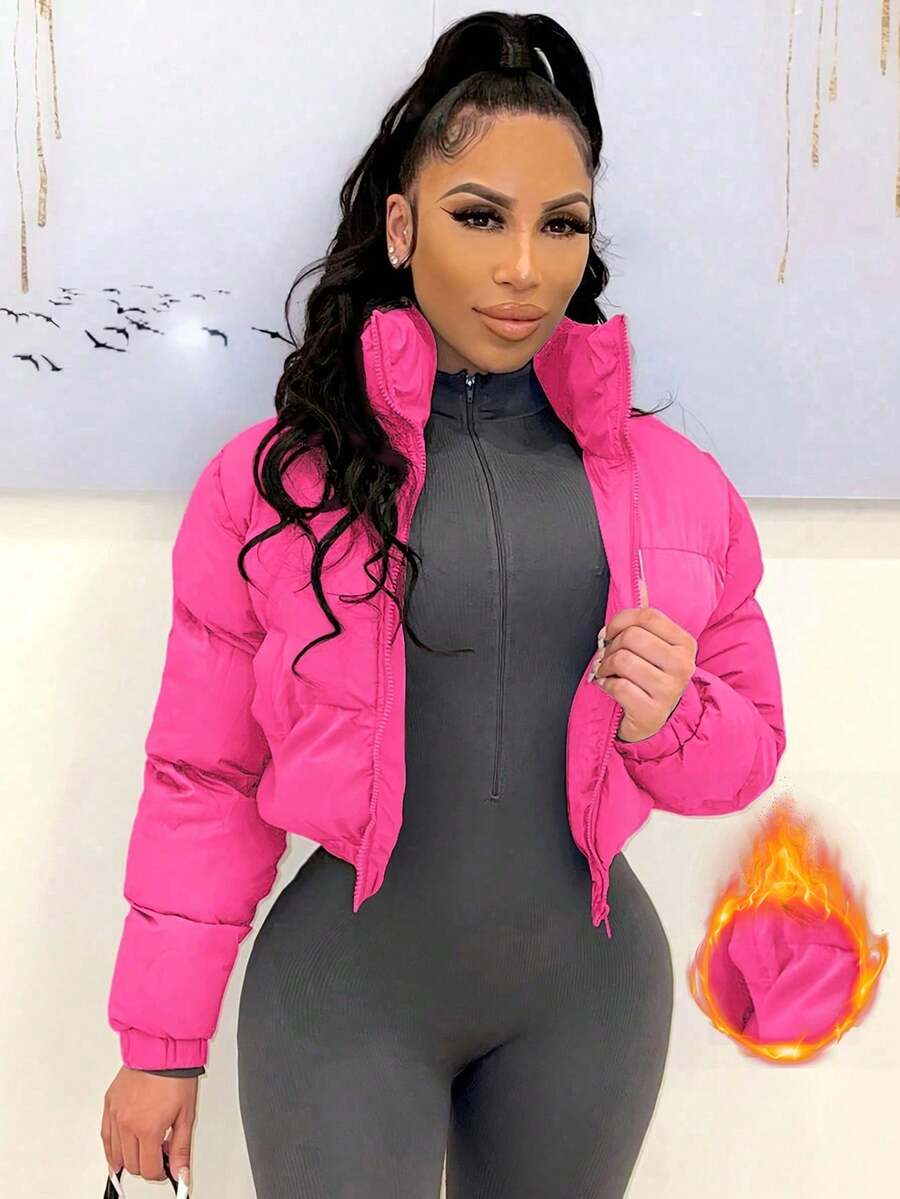 Women European & American Style Short Stand Collar Zipper Front Warm Jacket - Hot Pink - View 1