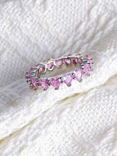 MOONSO 1 pieza Anillo con forma de corazón rosa brillante completamente pavimentado con circonita cúbica, regalo para novia/esposa para el Día de San Valentín, aniversario