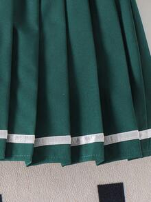 2pcs Girls' School Sports Polo Collar Heart Embroidered Sleeveless Top And Pleated Skirt Set, Summer - Green - View 8