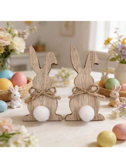 2pcs Wooden Rabbit Decorations - With Bow Tie, Suitable For Easter Party Decor, Cute Rabbit Decor For Spring And Holiday Tabletop