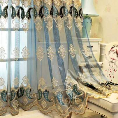 1片欧式浪漫刺绣半透明窗帘，水溶性刺绣图案，穿孔式顶部，高品质柔软垂感，隔热保温，适用于客厅、卧室、书房、餐厅、飘窗、公寓家居装饰